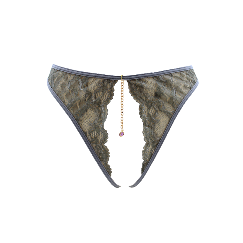 String gris avec bijou couleur aléatoire et chaîne dorée