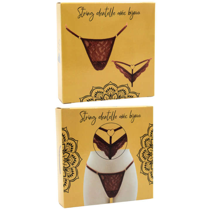 String taupe en dentelle avec bijou cœur doré