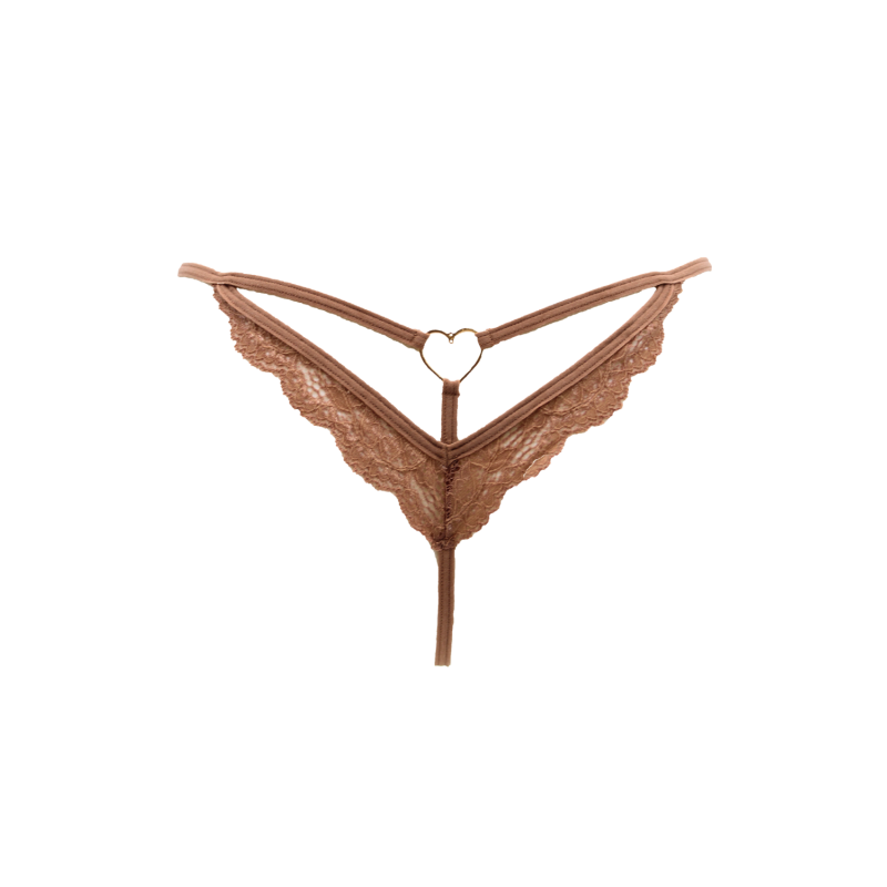 String taupe en dentelle avec bijou cœur doré