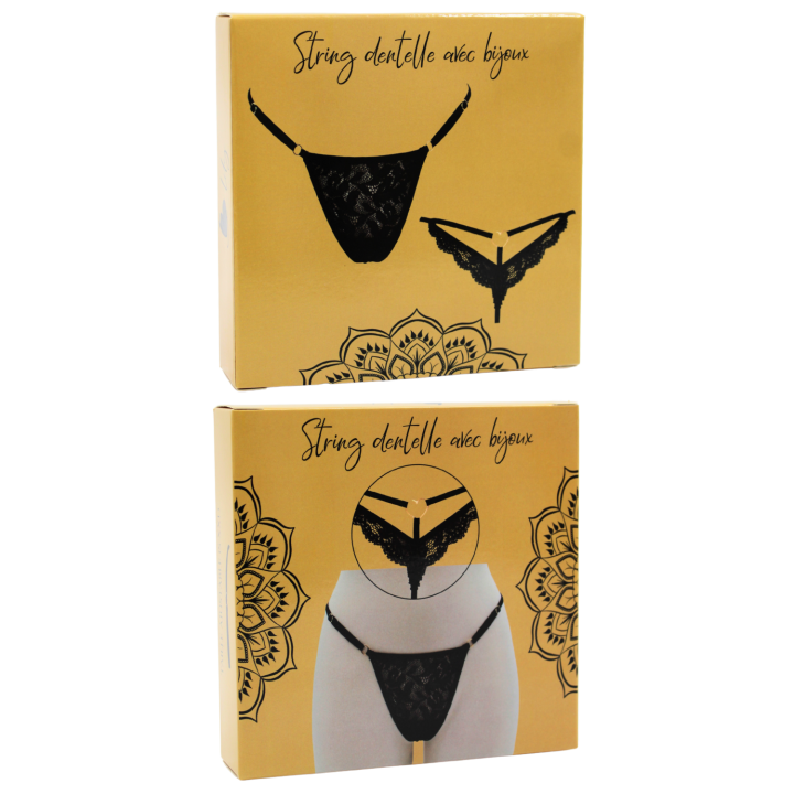 String noir en dentelle avec bijou cœur doré