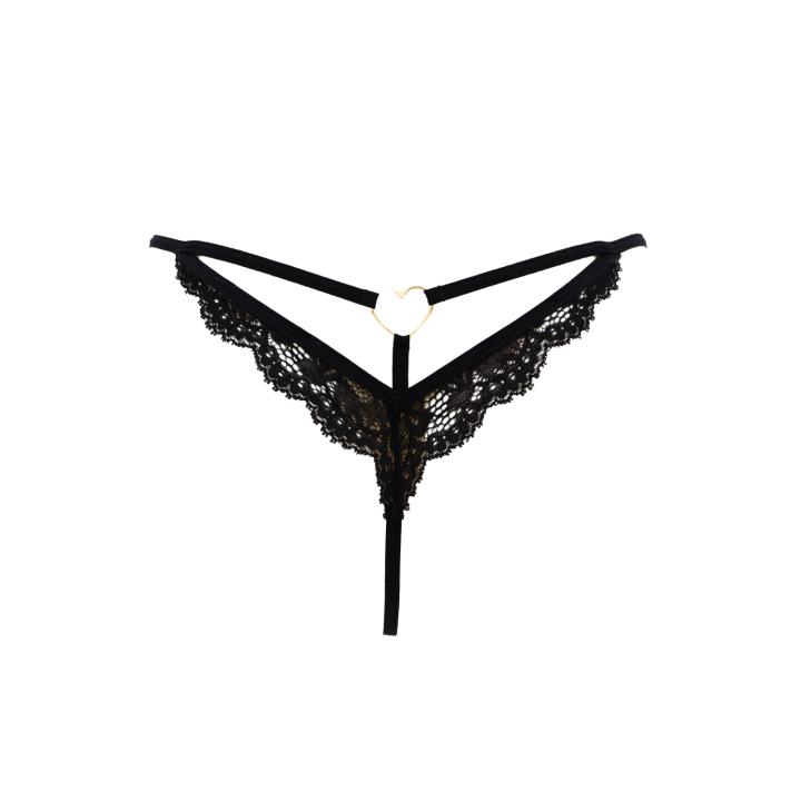 String noir en dentelle avec bijou cœur doré