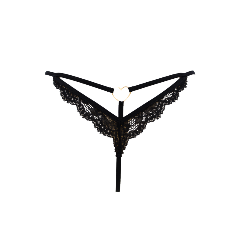 String noir en dentelle avec bijou cœur doré