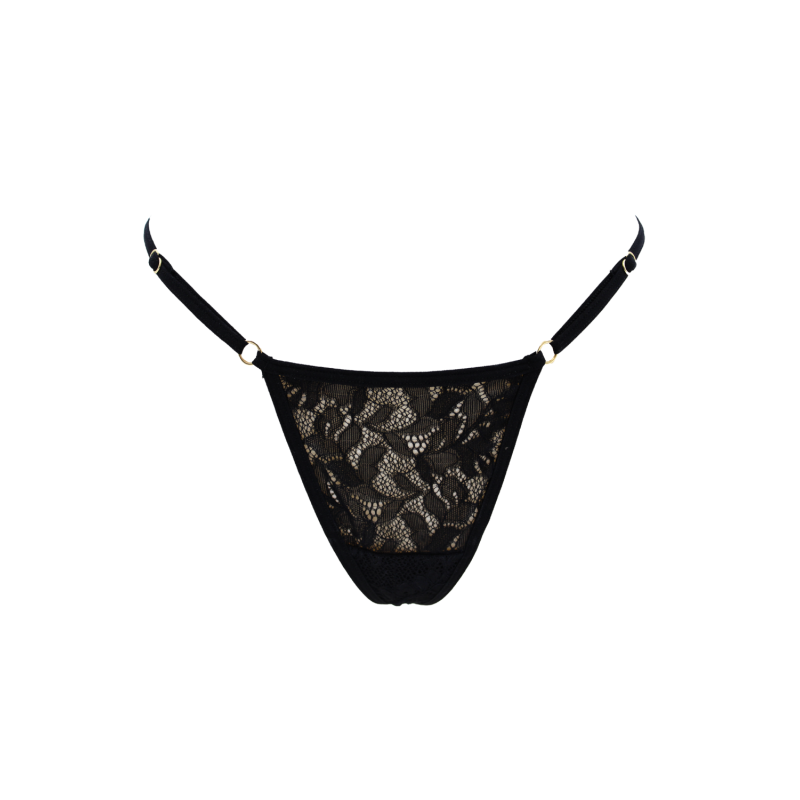 String noir en dentelle avec bijou cœur doré