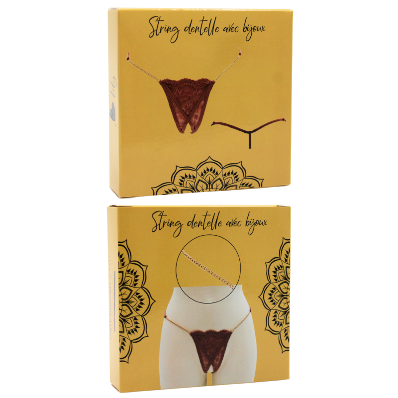 String en dentelle taupe ouvert avec chaînes dorées