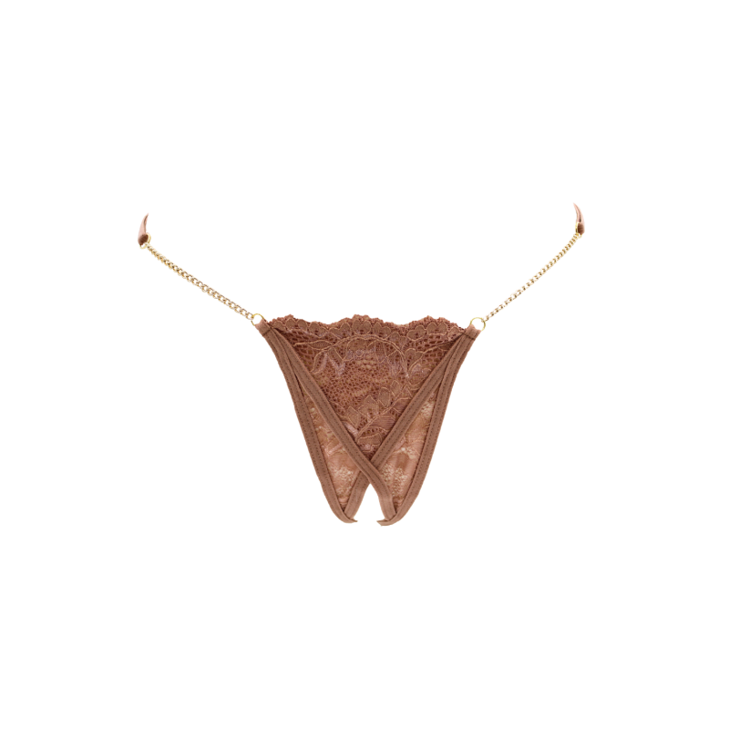 String en dentelle taupe ouvert avec chaînes dorées