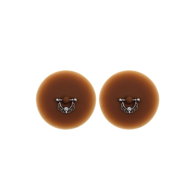 Paire de cache-tétons piercing barre demi-anneau faux diamant peau foncée