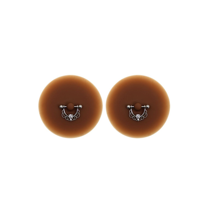 Paire de cache-tétons piercing barre demi-anneau faux diamant peau foncée