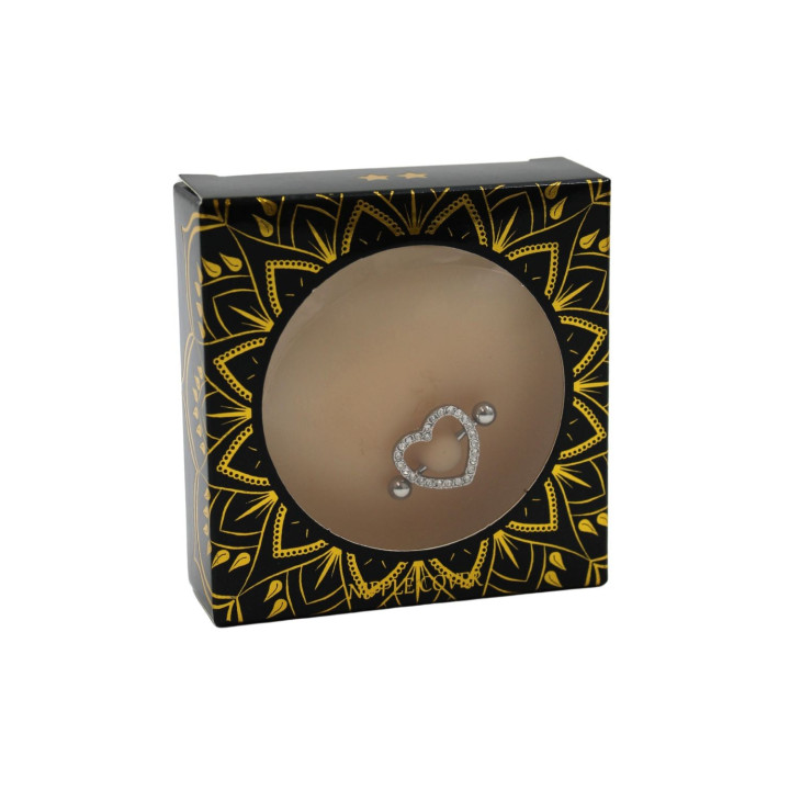 Paire de cache-tétons piercing barre coeur faux diamant peau claire
