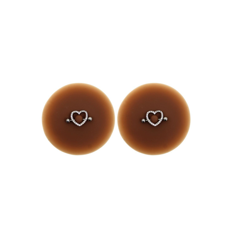 Paire de cache-tétons piercing barre coeur faux diamant peau foncée