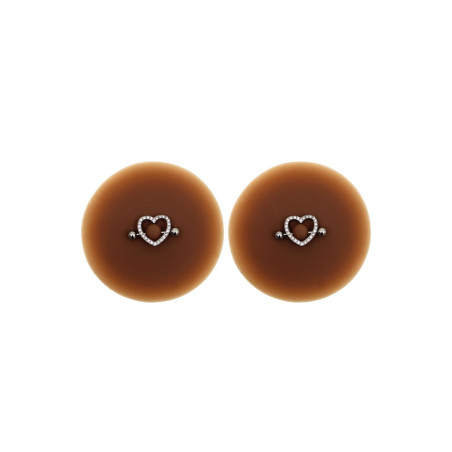 Paire de cache-tétons piercing barre coeur faux diamant peau foncée