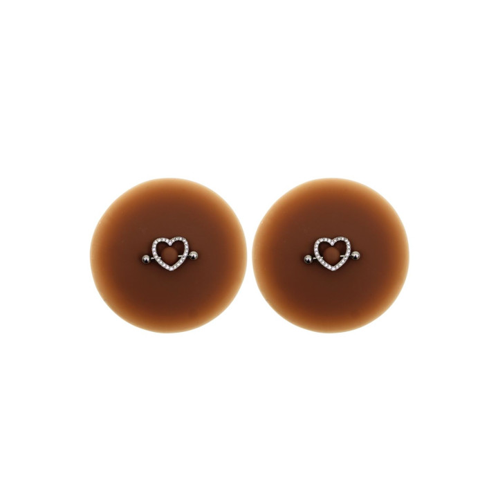 Paire de cache-tétons piercing barre coeur faux diamant peau foncée