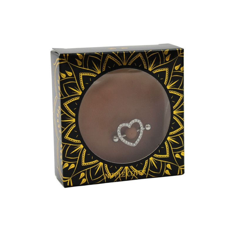 Paire de cache-tétons piercing barre coeur faux diamant peau foncée