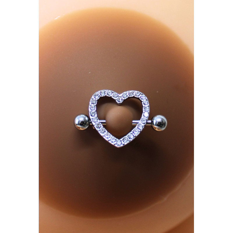 Paire de cache-tétons piercing barre coeur faux diamant peau foncée
