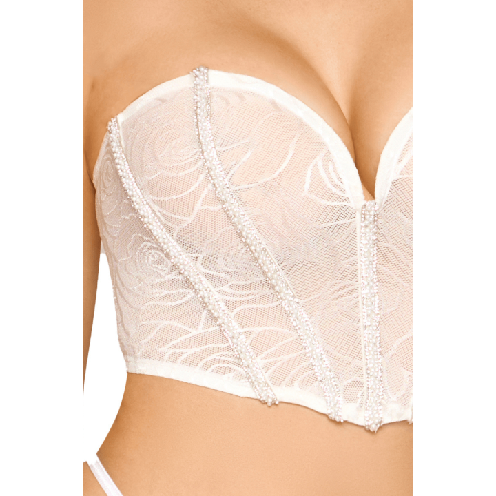 Bustier blanc avec perles et strass, bretelles transparentes amovibles