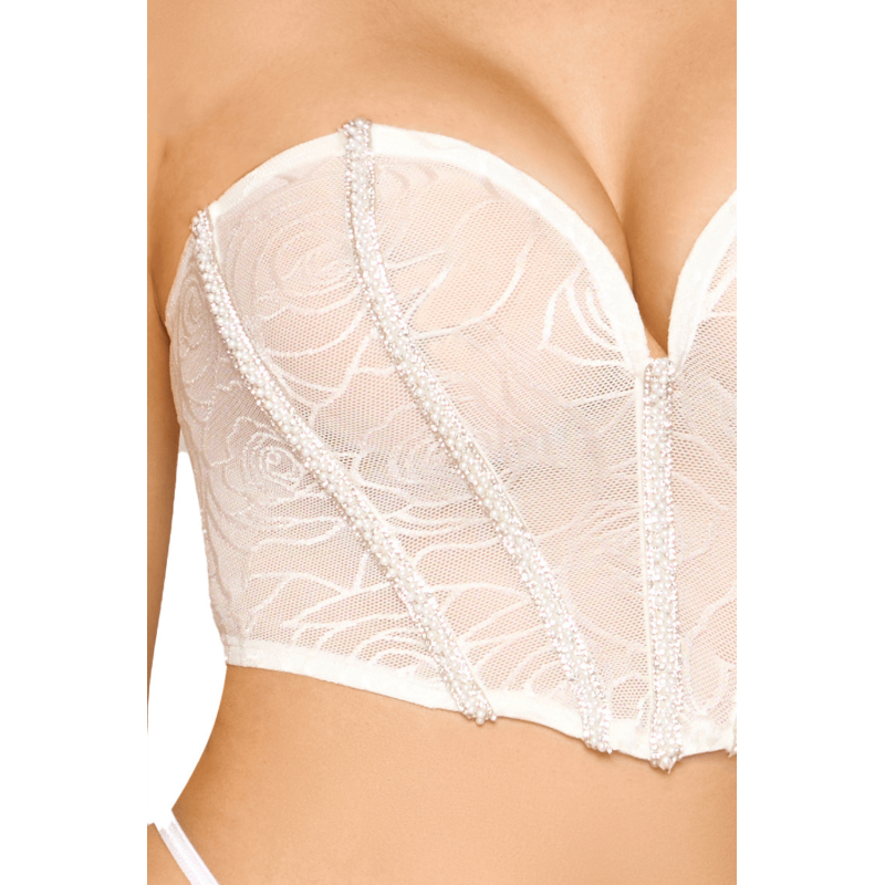 Bustier blanc avec perles et strass, bretelles transparentes amovibles
