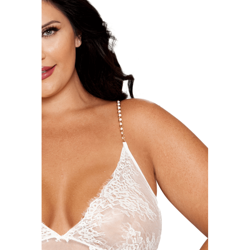 Nuisette longue blanche grande taille en dentelle florale, string assorti