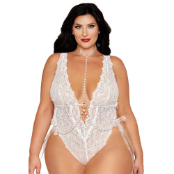 Ensemble 2 pièces grande taille, body dentelle blanc et chainettes bijou de corps perles blanches