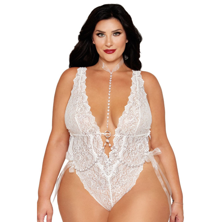 Ensemble 2 pièces grande taille, body dentelle blanc et chainettes bijou de corps perles blanches