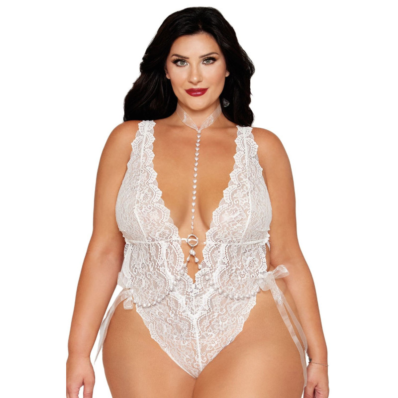 Ensemble 2 pièces grande taille, body dentelle blanc et chainettes bijou de corps perles blanches