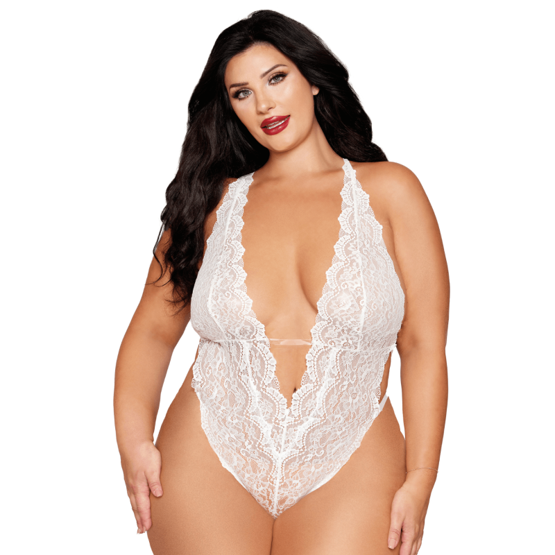 Ensemble 2 pièces grande taille, body dentelle blanc et chainettes bijou de corps perles blanches