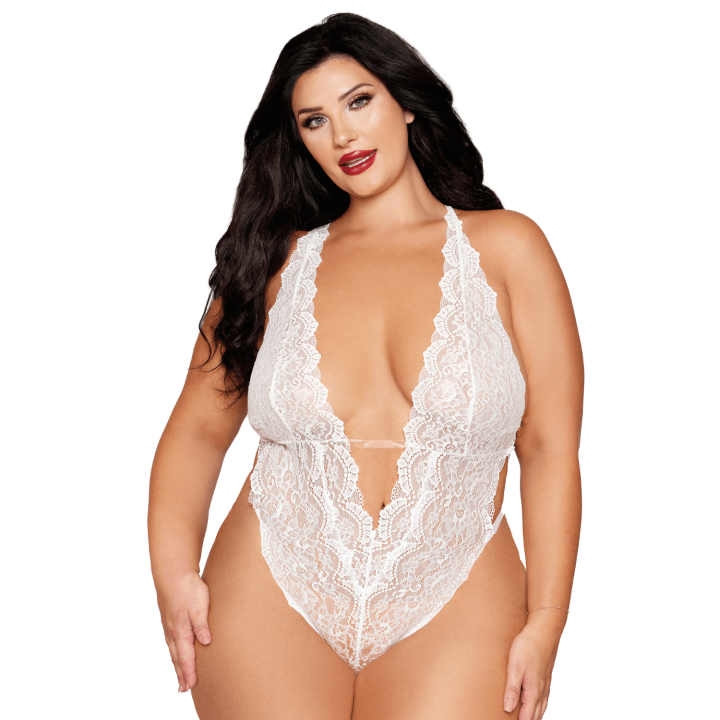 Ensemble 2 pièces grande taille, body dentelle blanc et chainettes bijou de corps perles blanches