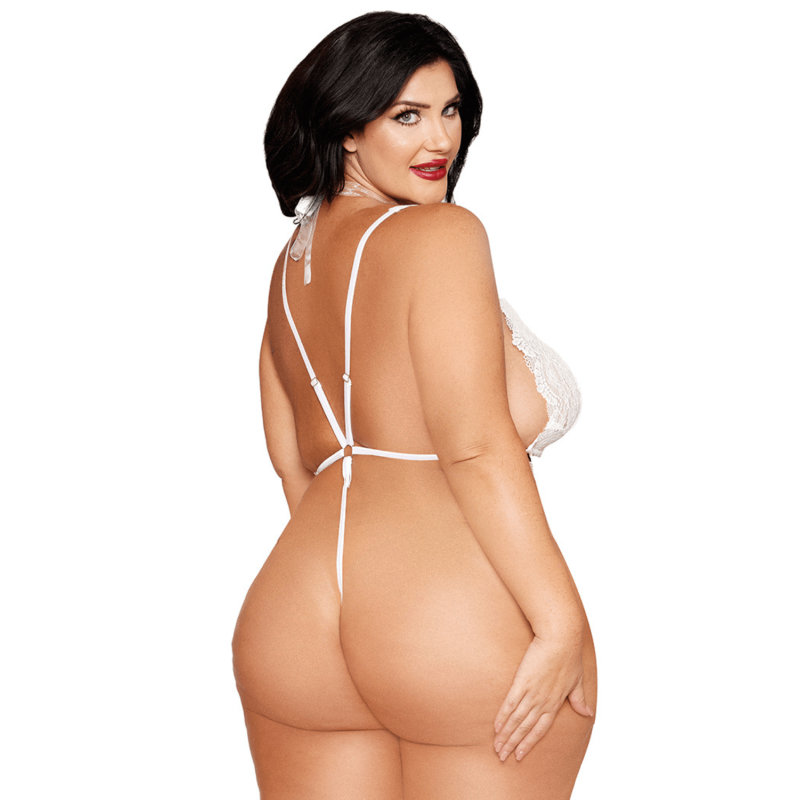Ensemble 2 pièces grande taille, body dentelle blanc et chainettes bijou de corps perles blanches