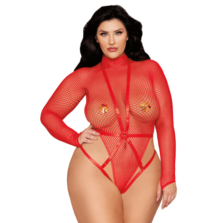 Ensemble 2 pièces grande taille, bodystring résille rouge et harnais