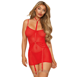 Ensemble 2 pièces rouge, nuisette et harnais porte jarretelles