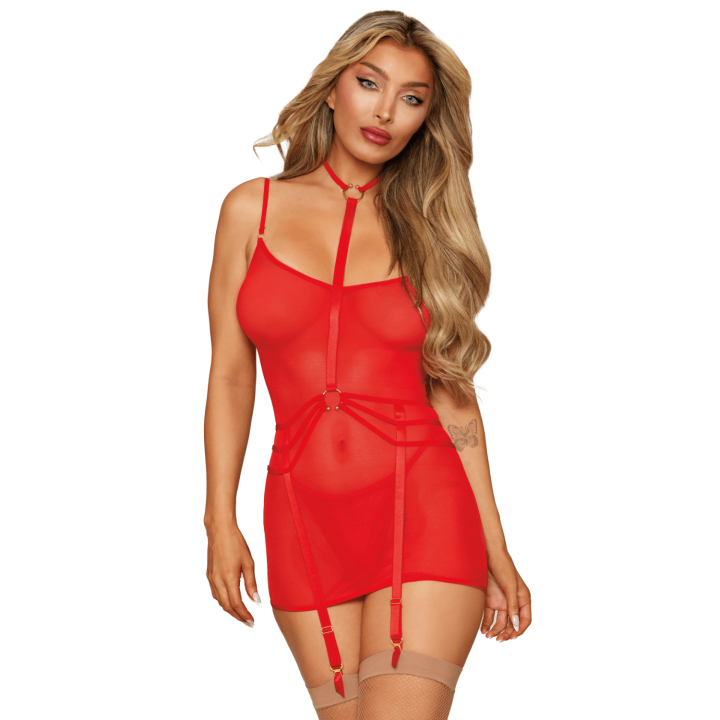 Ensemble 2 pièces rouge, nuisette et harnais porte jarretelles