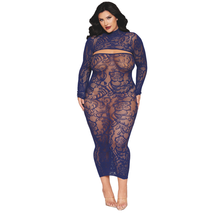 Ensemble 2 pièces grande taille top manches longues et robe bleu marine