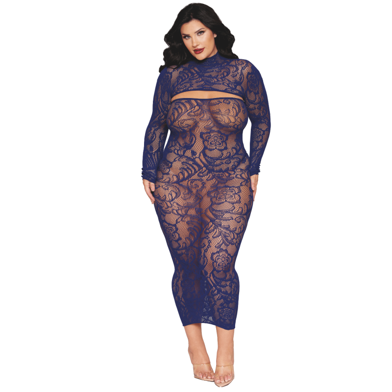 Ensemble 2 pièces grande taille top manches longues et robe bleu marine