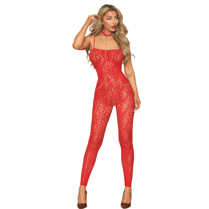 Bodystocking sans couture, fantaisie rouge avec chainettes amovibles