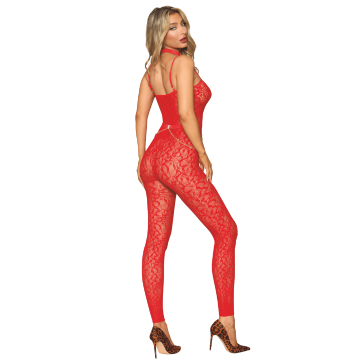 Bodystocking sans couture, fantaisie rouge avec chainettes amovibles