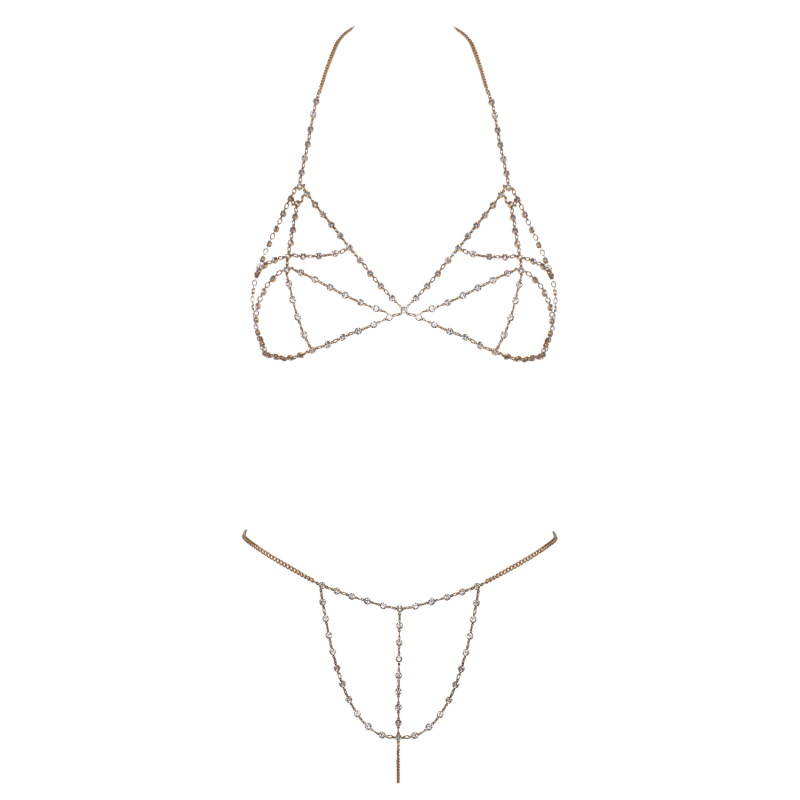 Soutien-gorge et string bijoux en chaînettes dorées et strass irisés
