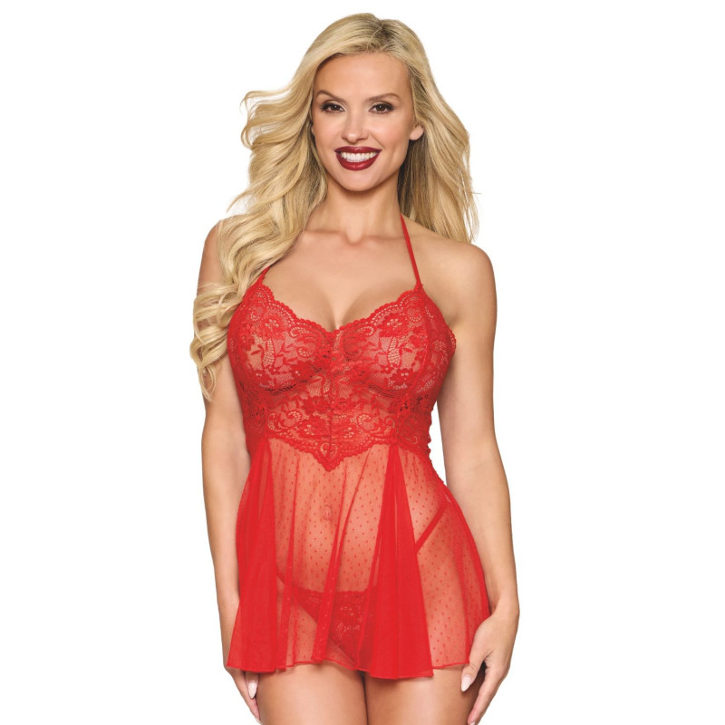 Nuisette rouge en résille et dentelle florale, string assorti