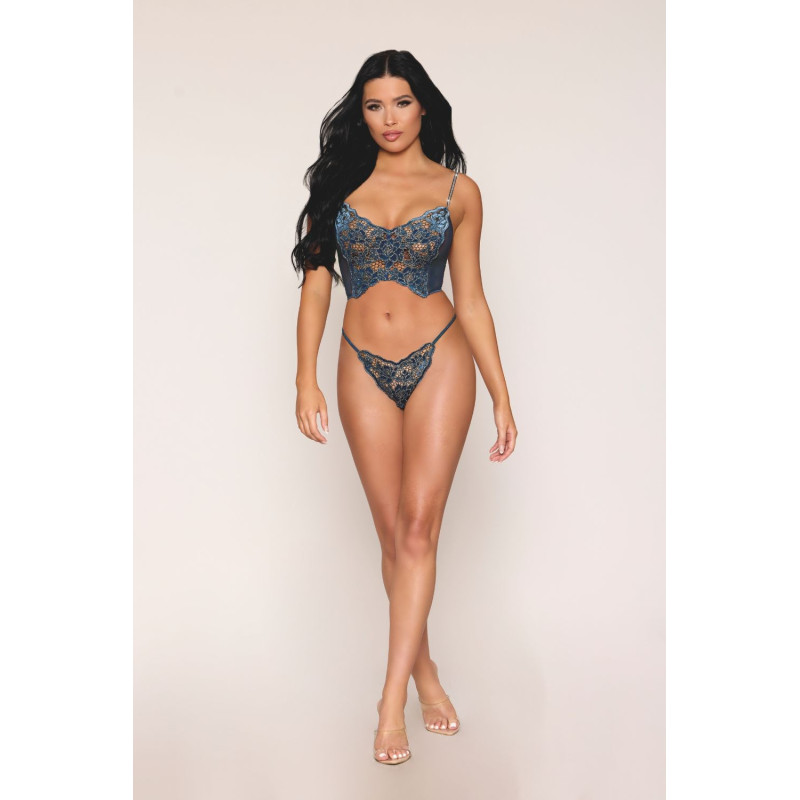 Bustier dentelle florale et résille avec strass et string assorti
