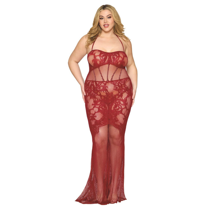 Nuisette longue grande taille en résille rouge