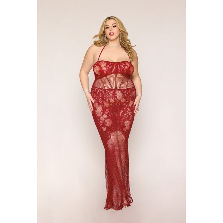 Nuisette longue grande taille en résille rouge