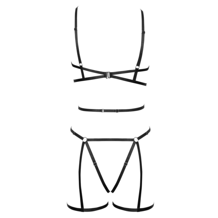 Ensemble 3 pièces soutien-gorge harnais, porte-jarretelles et string