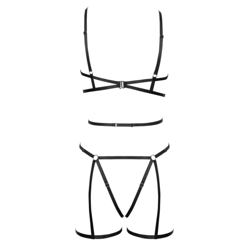 Ensemble 3 pièces soutien-gorge harnais, porte-jarretelles et string