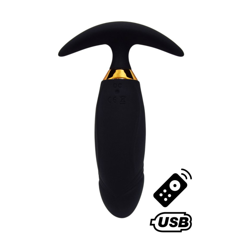 PEACH, Plug Vibrant noir long USB avec télécommande, dans un silicone médical doux et lisse