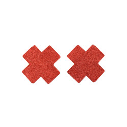 Paire de cache tétons adhésifs croix pailletée rouge