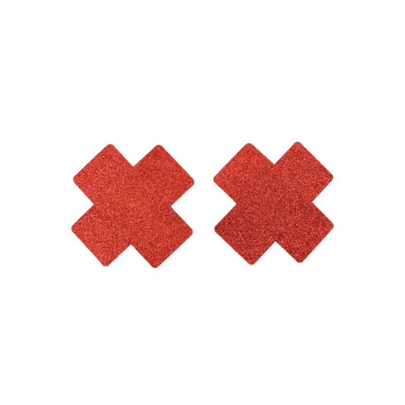 Paire de cache tétons adhésifs croix pailletée rouge