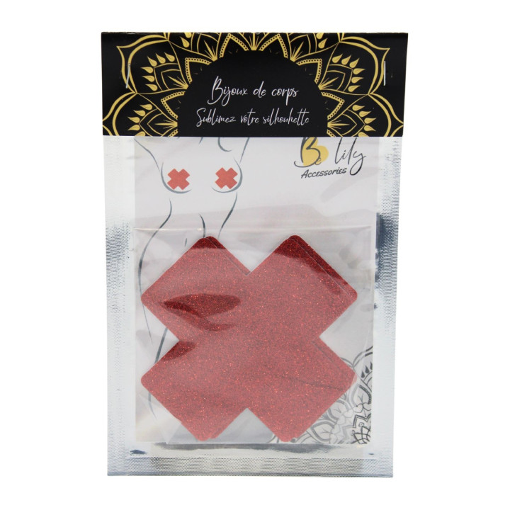Paire de cache tétons adhésifs croix pailletée rouge