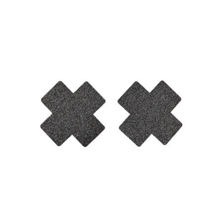 Paire de cache tétons adhésifs croix pailletée noir