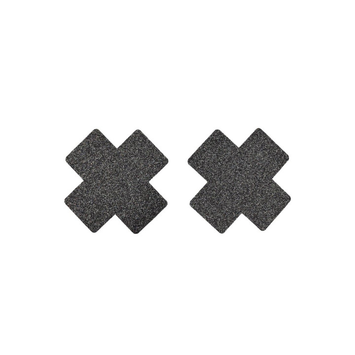 Paire de cache tétons adhésifs croix pailletée noir