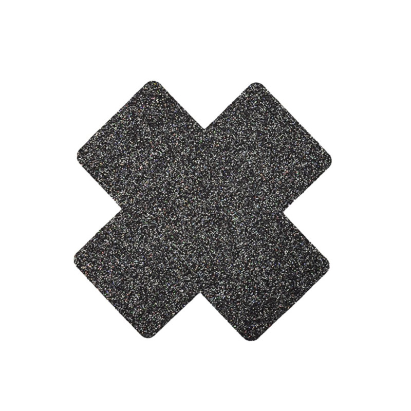 Paire de cache tétons adhésifs croix pailletée noir