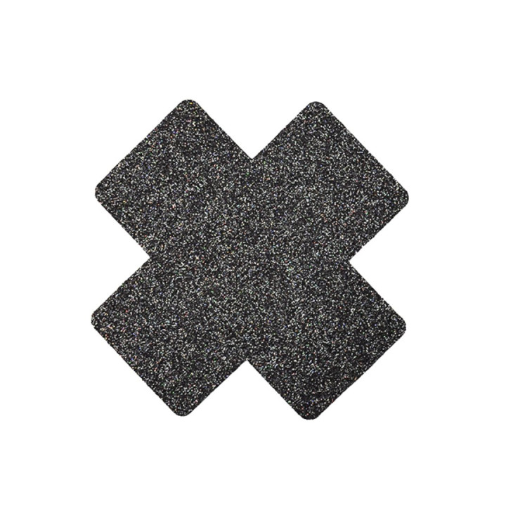 Paire de cache tétons adhésifs croix pailletée noir