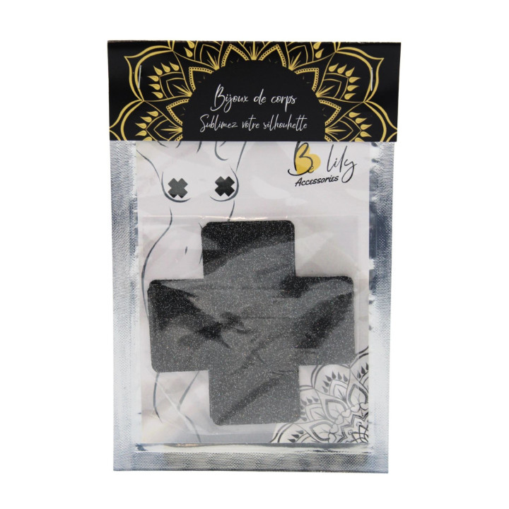 Paire de cache tétons adhésifs croix pailletée noir