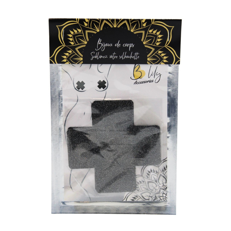 Paire de cache tétons adhésifs croix pailletée noir